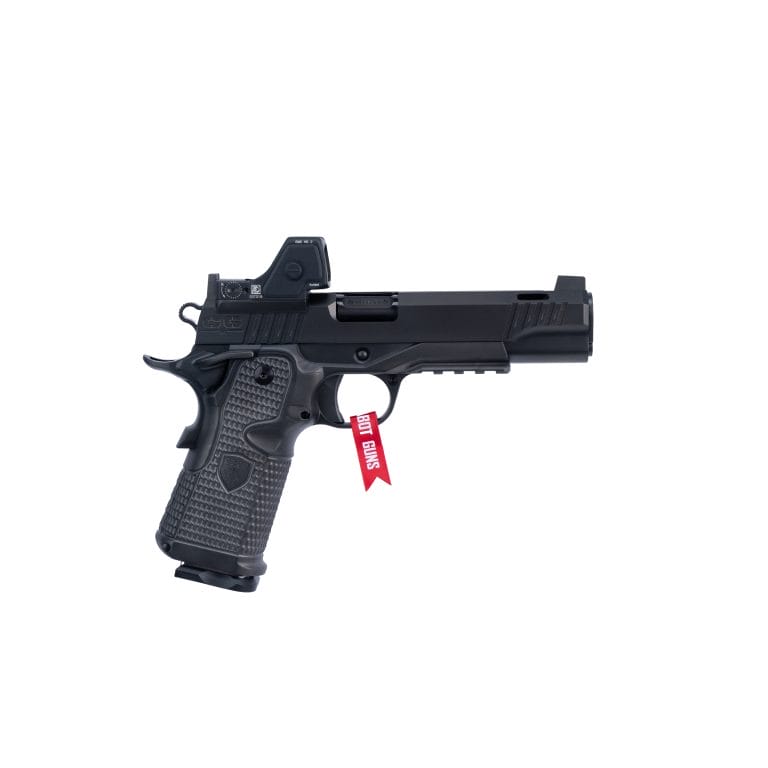 a black gun with a red tag